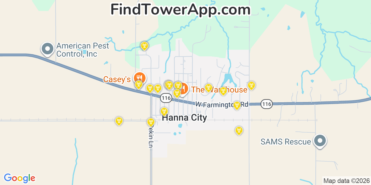 Map showing the 20 primary cell tower locations detected in Hanna City, Illinois from AT&T, Verizon, and T-Mobile networks