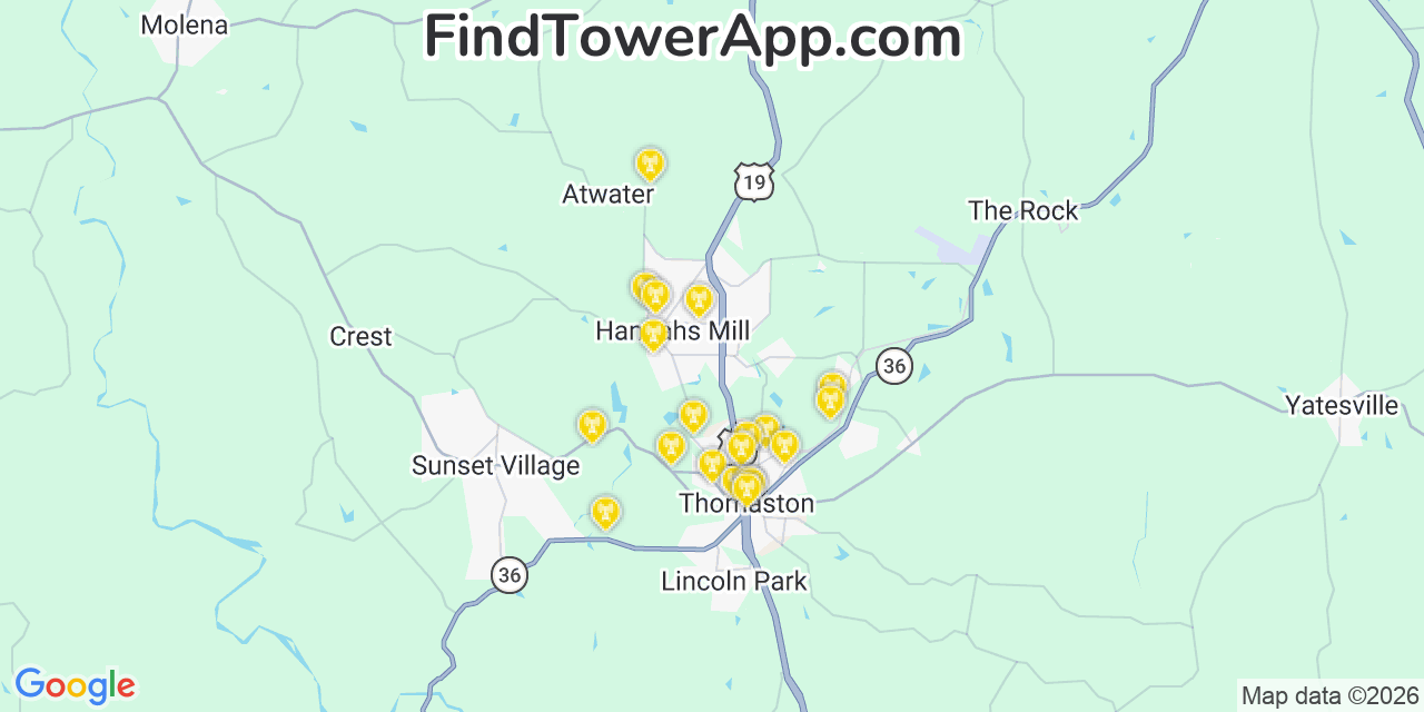 Map showing the 20 primary cell tower locations detected in Hannahs Mill, Georgia from AT&T, Verizon, and T-Mobile networks