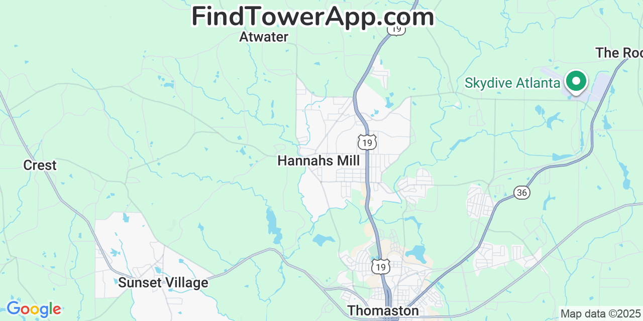 Map showing the 20 primary Mobitel cell tower locations detected in Hannahs Mill, Georgia with coverage radius and signal strength indicators