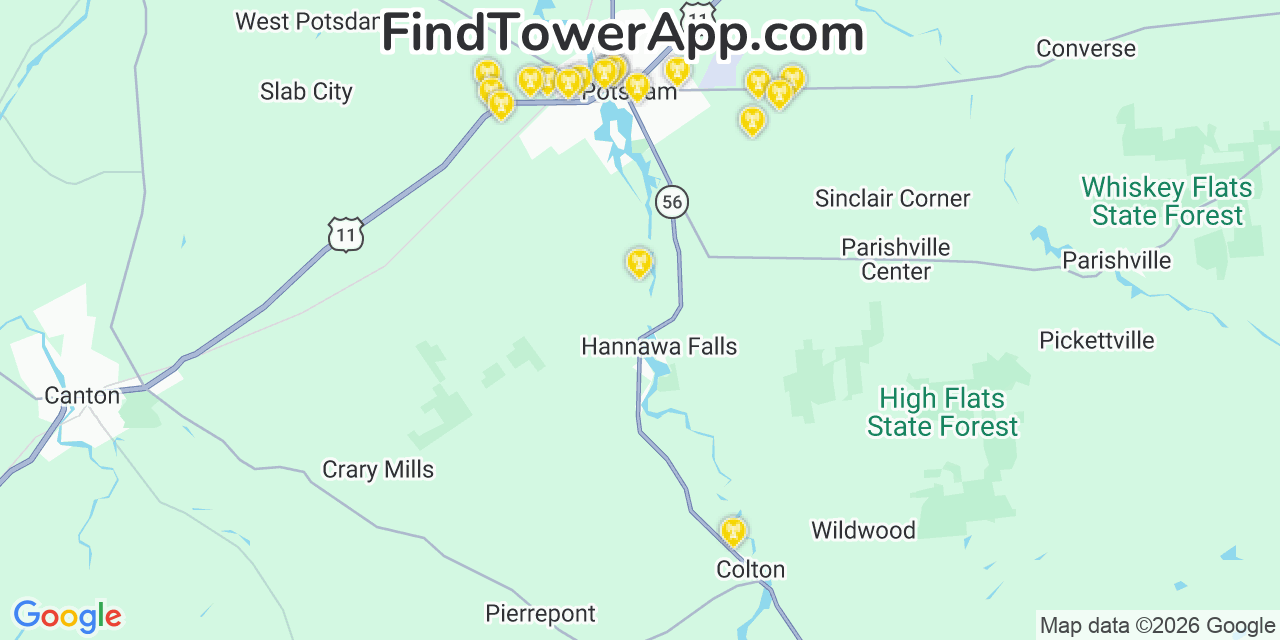 Map showing the 20 primary cell tower locations detected in Hannawa Falls, New York from AT&T, Verizon, and T-Mobile networks