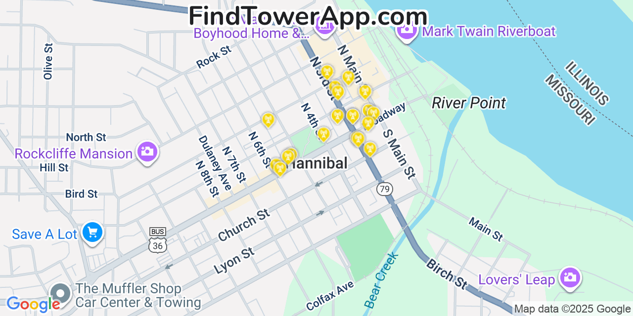 Map showing the 20 primary cell tower locations detected in Hannibal, Missouri from AT&T, Verizon, and T-Mobile networks