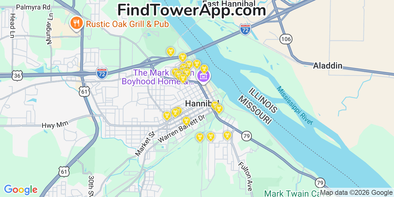 Map showing the 20 primary cell tower locations detected in Hannibal, Missouri from AT&T, Verizon, and T-Mobile networks