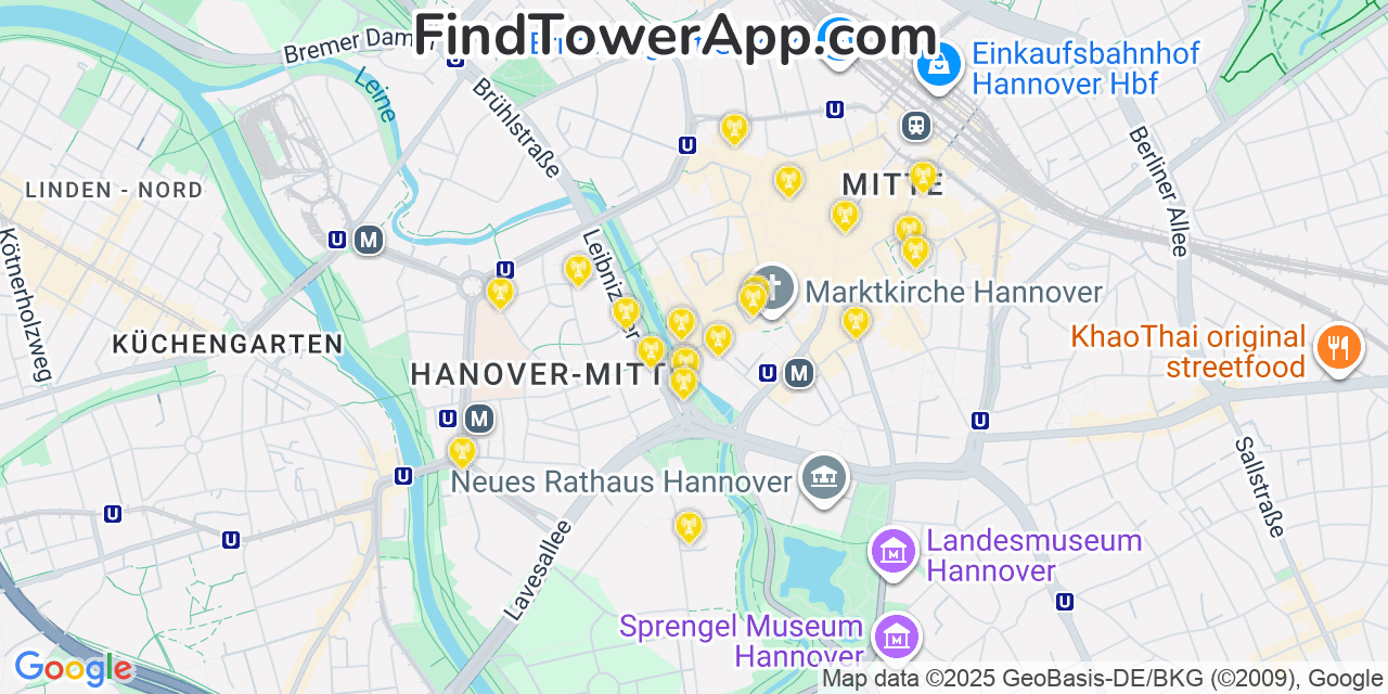 Map showing the 20 primary cell tower locations detected in Hannover, Germany with coverage areas and signal strength