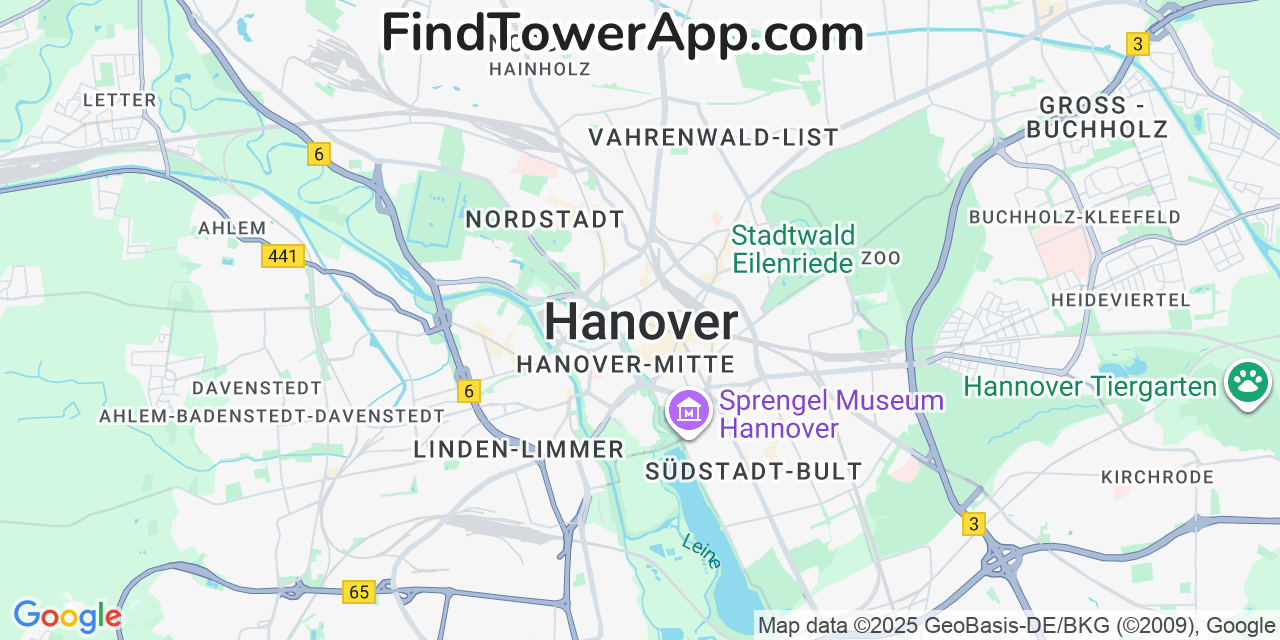 Map showing the 0 primary Vodafone cell tower locations detected in Hannover, Germany with coverage radius and signal strength indicators