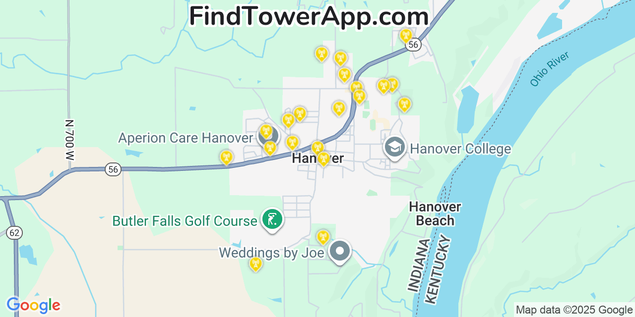 Map showing the 20 primary cell tower locations detected in Hanover, Indiana from AT&T, Verizon, and T-Mobile networks