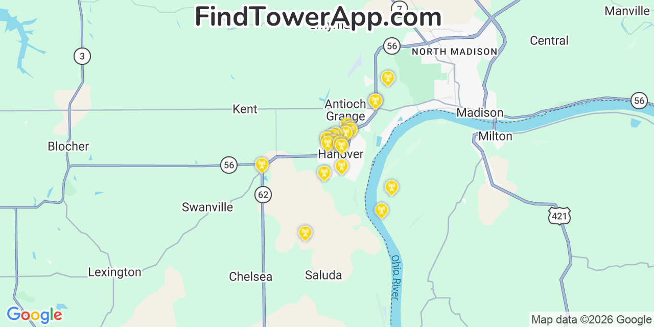 Map showing the 20 primary cell tower locations detected in Hanover, Indiana from AT&T, Verizon, and T-Mobile networks