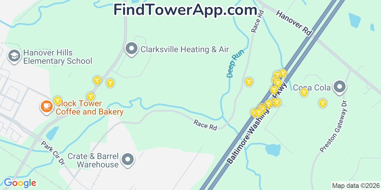 Map showing the 20 primary cell tower locations detected in Hanover, Maryland from AT&T, Verizon, and T-Mobile networks