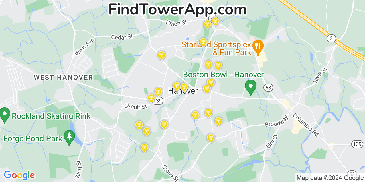 AT&T 4G/5G cell tower coverage map Hanover, Massachusetts