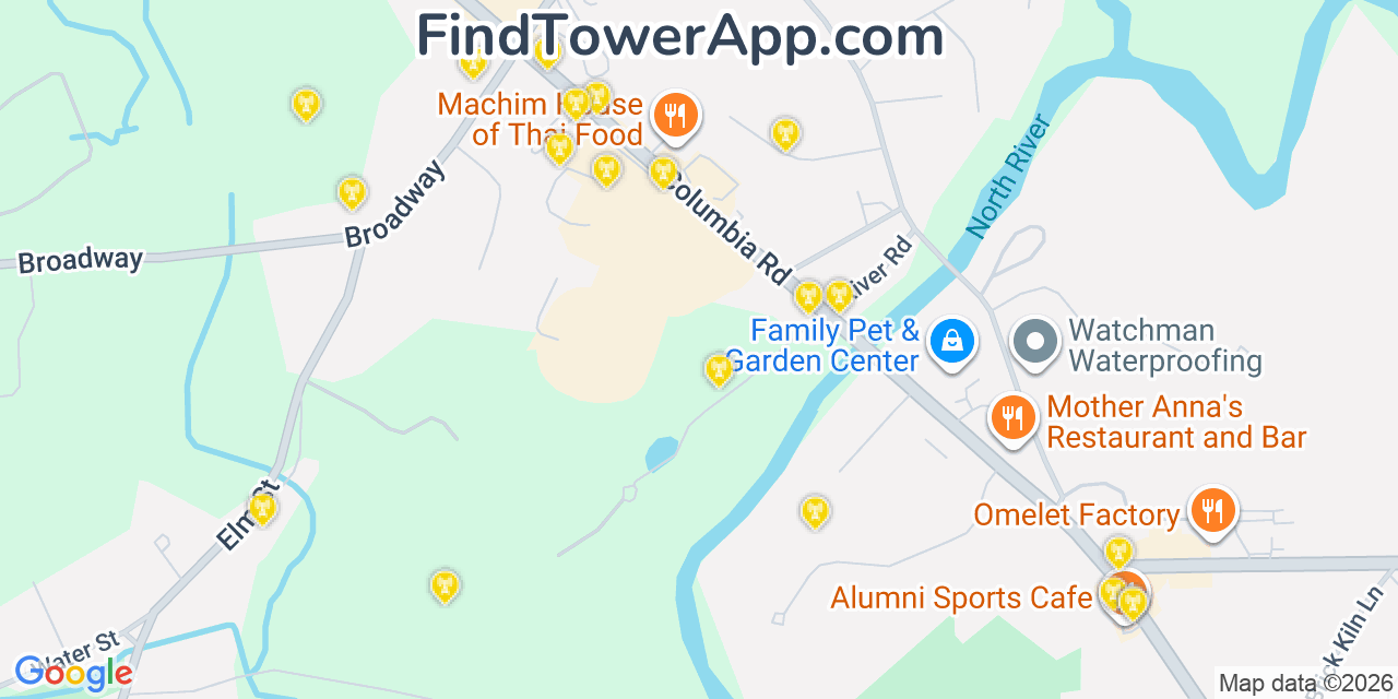 Map showing the 20 primary cell tower locations detected in Hanover, Massachusetts from AT&T, Verizon, and T-Mobile networks