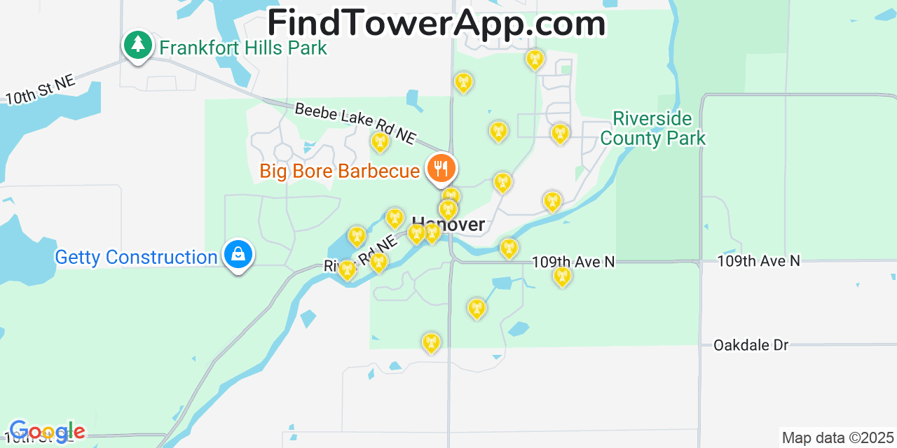 Map showing the 20 primary cell tower locations detected in Hanover, Minnesota from AT&T, Verizon, and T-Mobile networks