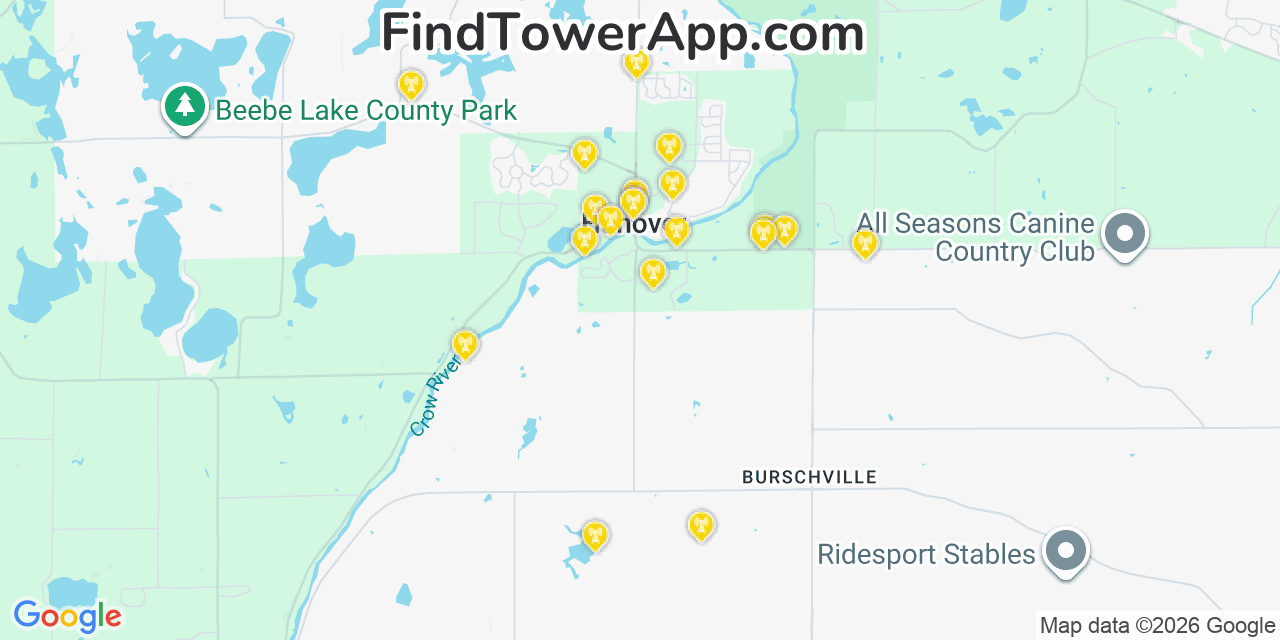 Map showing the 20 primary cell tower locations detected in Hanover, Minnesota from AT&T, Verizon, and T-Mobile networks