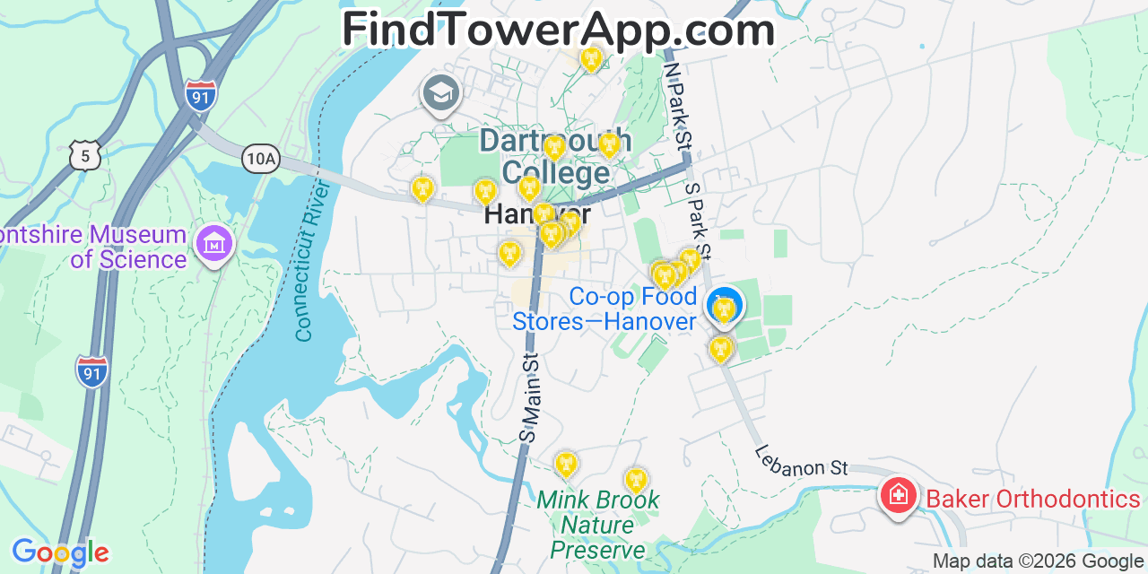 Map showing the 20 primary cell tower locations detected in Hanover, New Hampshire from AT&T, Verizon, and T-Mobile networks