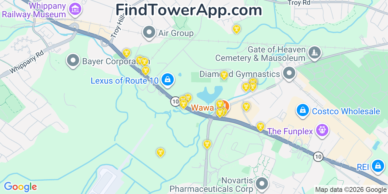 Map showing the 20 primary cell tower locations detected in Hanover, New Jersey from AT&T, Verizon, and T-Mobile networks