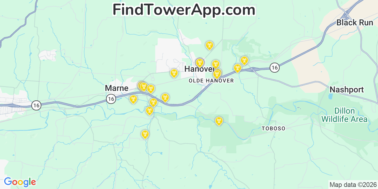 Map showing the 20 primary cell tower locations detected in Hanover, Ohio from AT&T, Verizon, and T-Mobile networks