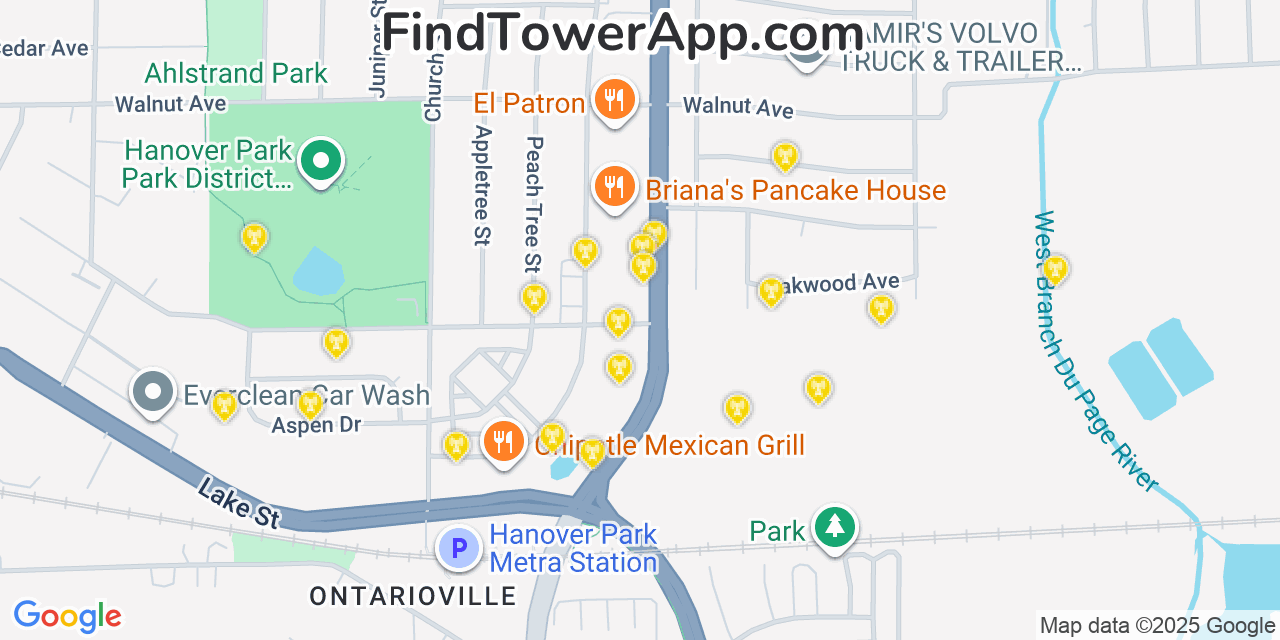 Map showing the 20 primary cell tower locations detected in Hanover Park, Illinois from AT&T, Verizon, and T-Mobile networks