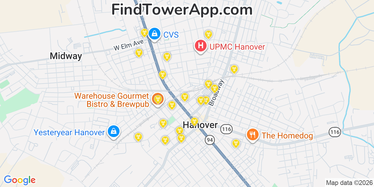 Map showing the 20 primary cell tower locations detected in Hanover, Pennsylvania from AT&T, Verizon, and T-Mobile networks