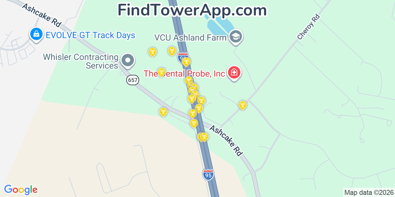 Map showing the 20 primary cell tower locations detected in Hanover, Virginia from AT&T, Verizon, and T-Mobile networks