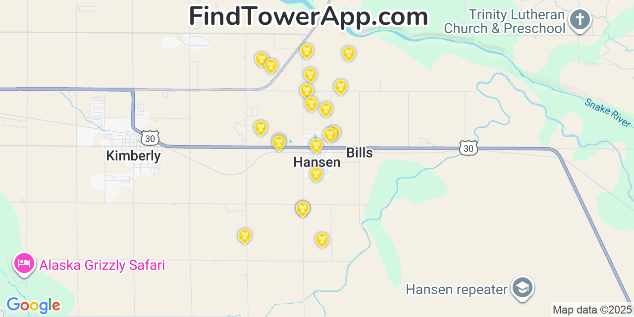 Map showing the 20 primary cell tower locations detected in Hansen, Idaho from AT&T, Verizon, and T-Mobile networks