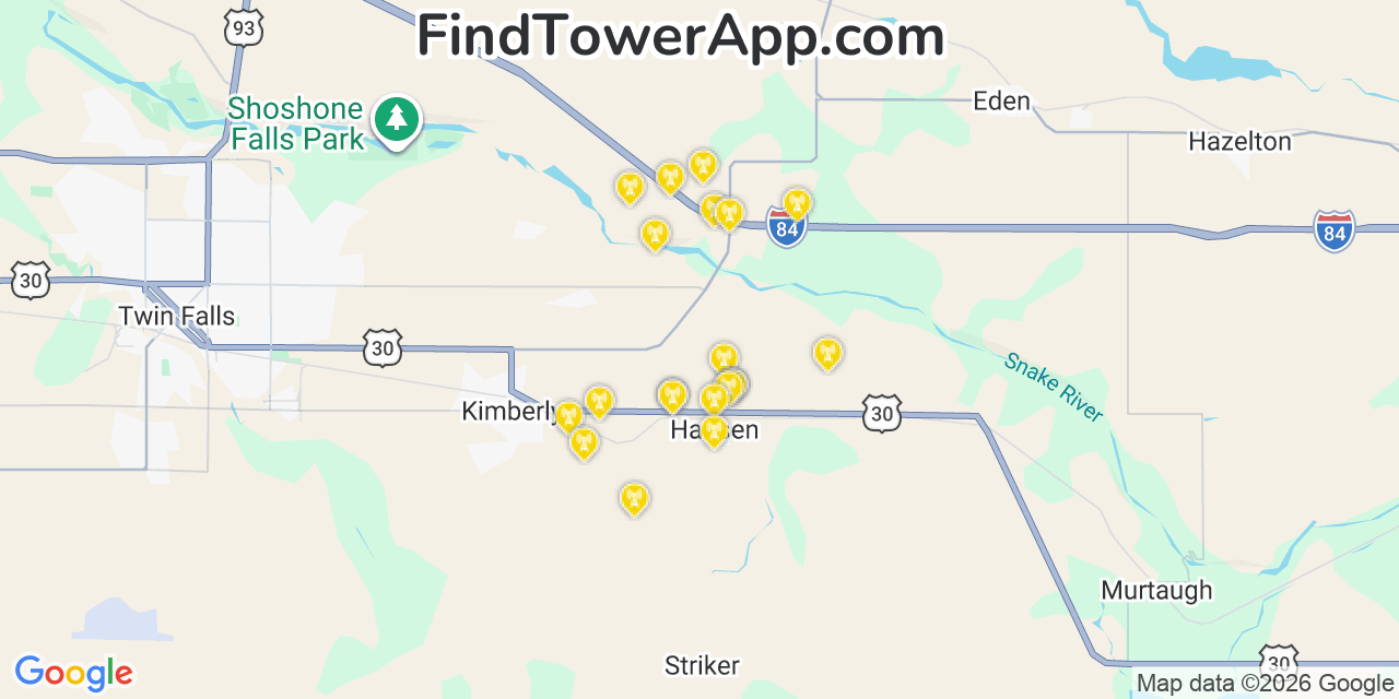 Map showing the 20 primary cell tower locations detected in Hansen, Idaho from AT&T, Verizon, and T-Mobile networks
