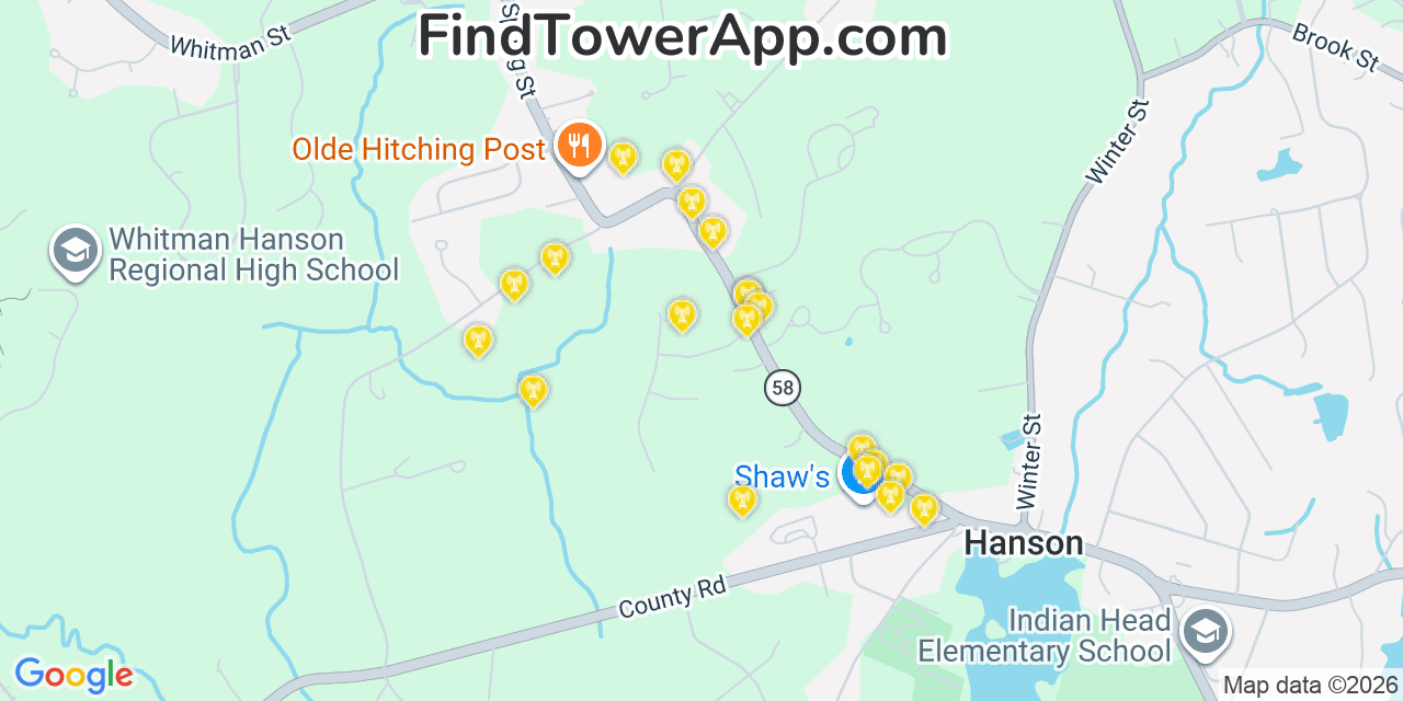 Map showing the 20 primary cell tower locations detected in Hanson, Massachusetts from AT&T, Verizon, and T-Mobile networks