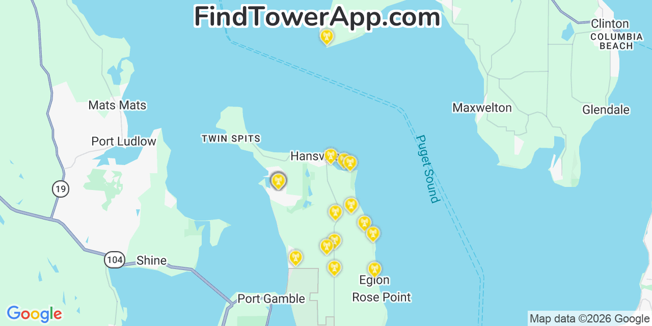 Map showing the 20 primary cell tower locations detected in Hansville, Washington from AT&T, Verizon, and T-Mobile networks