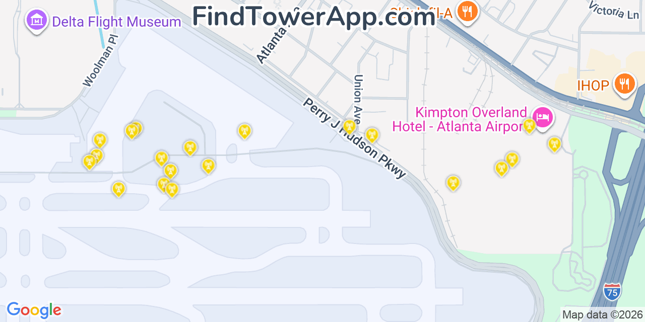 Map showing the 20 primary cell tower locations detected in Hapeville, Georgia from AT&T, Verizon, and T-Mobile networks