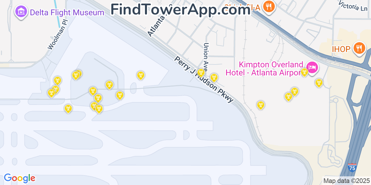 Map showing the 20 primary Mobitel cell tower locations detected in Hapeville, Georgia with coverage radius and signal strength indicators