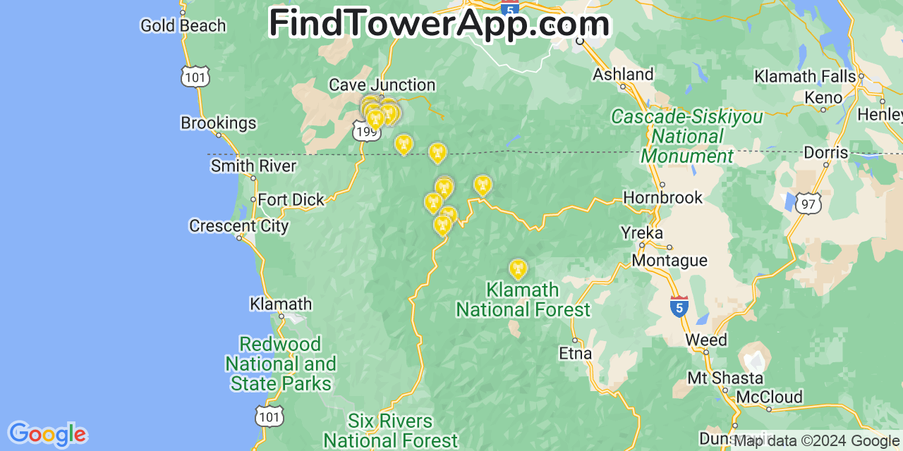 AT&T 4G/5G cell tower coverage map Happy Camp, California