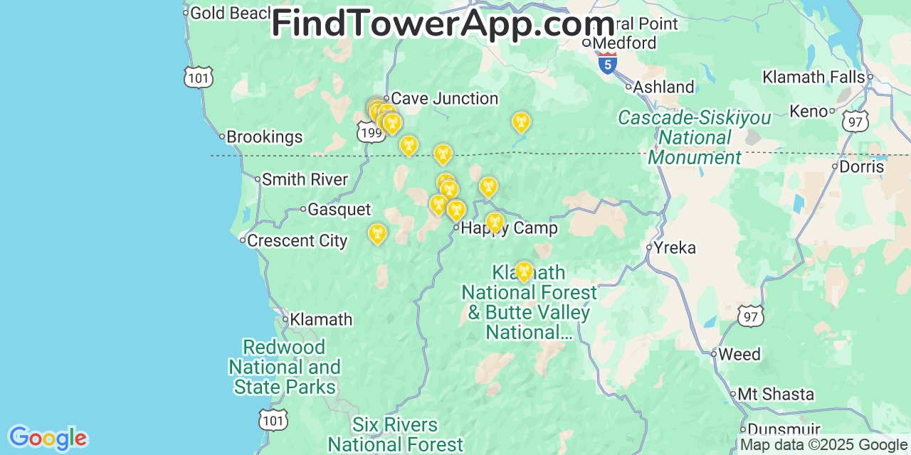 Map showing the 20 primary cell tower locations detected in Happy Camp, California from AT&T, Verizon, and T-Mobile networks