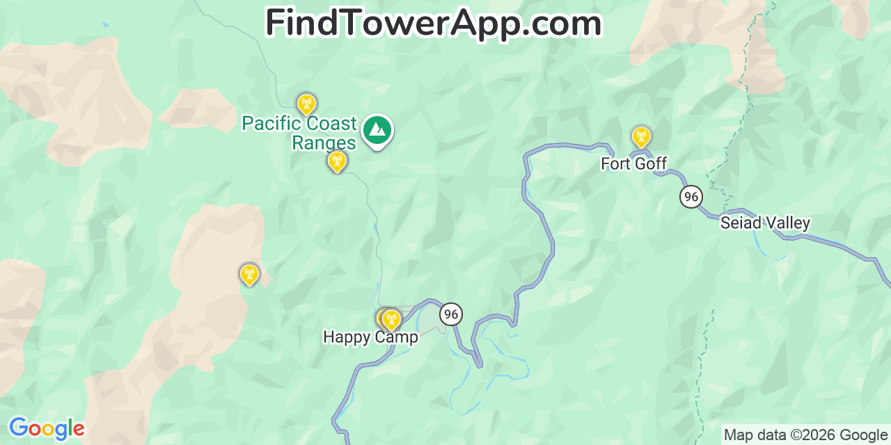 Map showing the 20 primary cell tower locations detected in Happy Camp, California from AT&T, Verizon, and T-Mobile networks