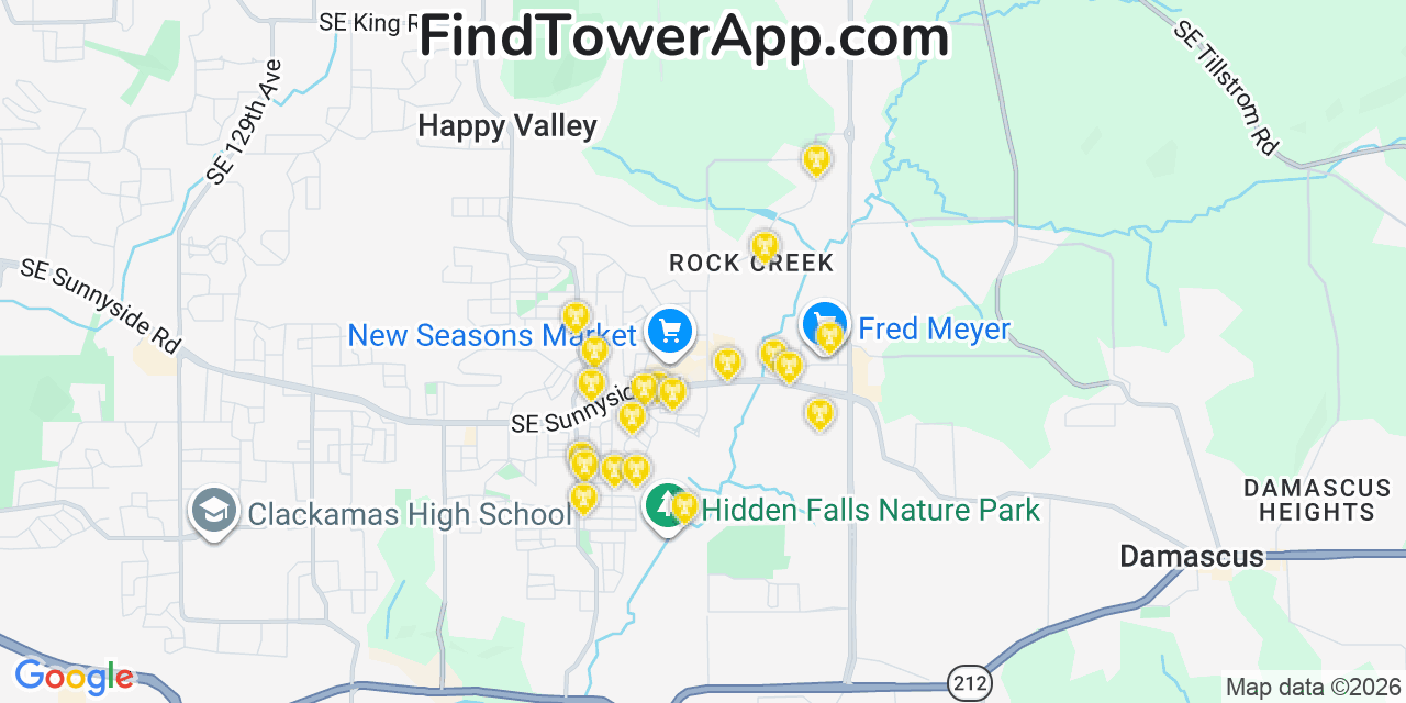 Map showing the 20 primary cell tower locations detected in Happy Valley, Oregon from AT&T, Verizon, and T-Mobile networks