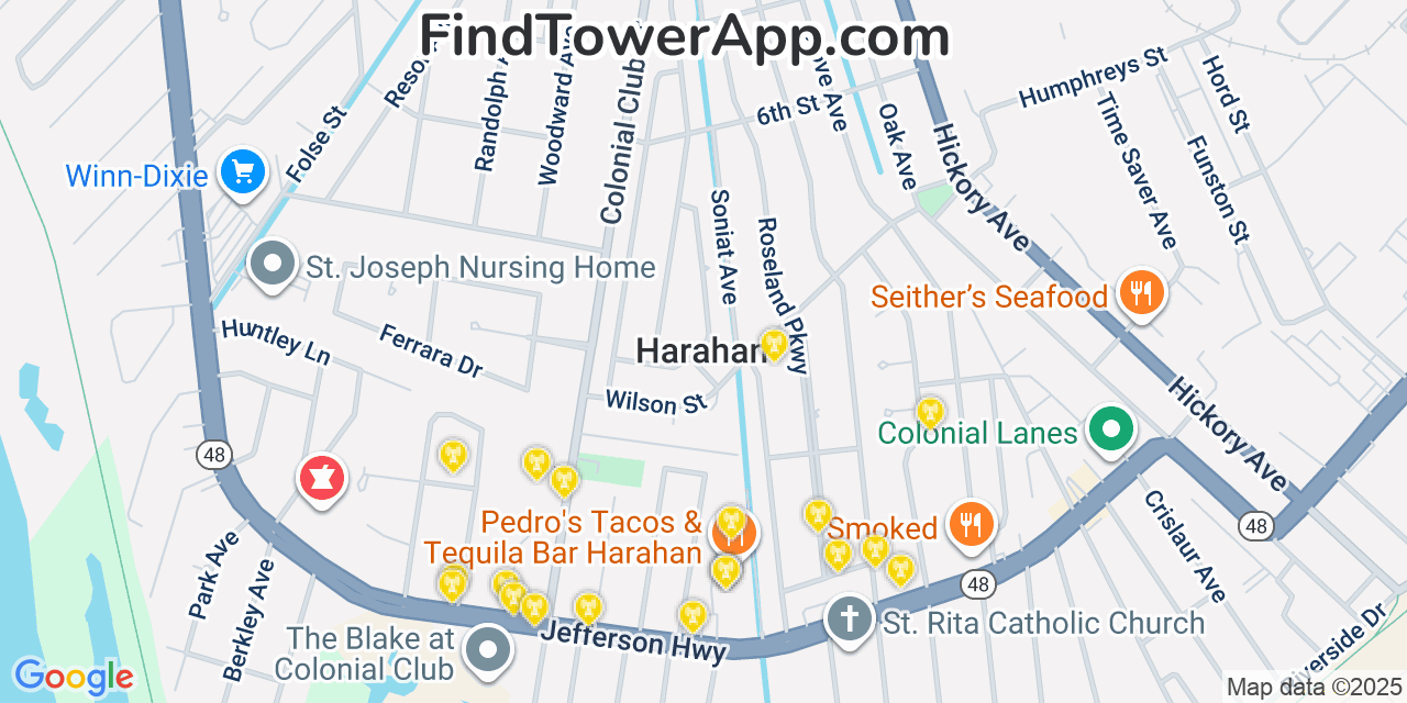 Map showing the 20 primary cell tower locations detected in Harahan, Louisiana from AT&T, Verizon, and T-Mobile networks
