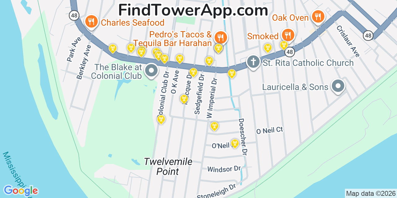 Map showing the 20 primary cell tower locations detected in Harahan, Louisiana from AT&T, Verizon, and T-Mobile networks