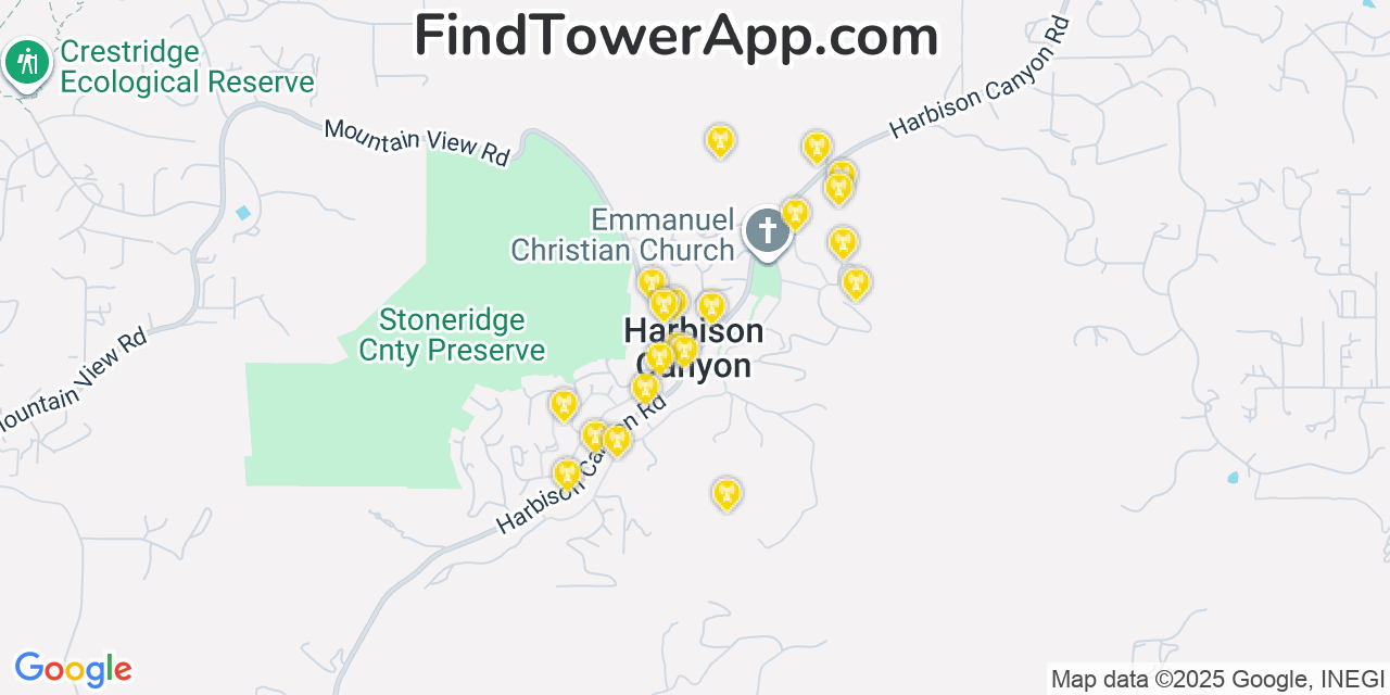 Map showing the 20 primary cell tower locations detected in Harbison Canyon, California from AT&T, Verizon, and T-Mobile networks