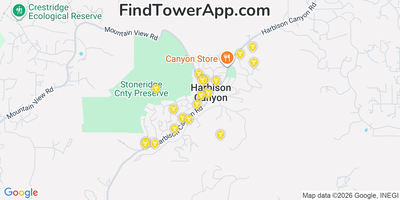 Map showing the 20 primary cell tower locations detected in Harbison Canyon, California from AT&T, Verizon, and T-Mobile networks