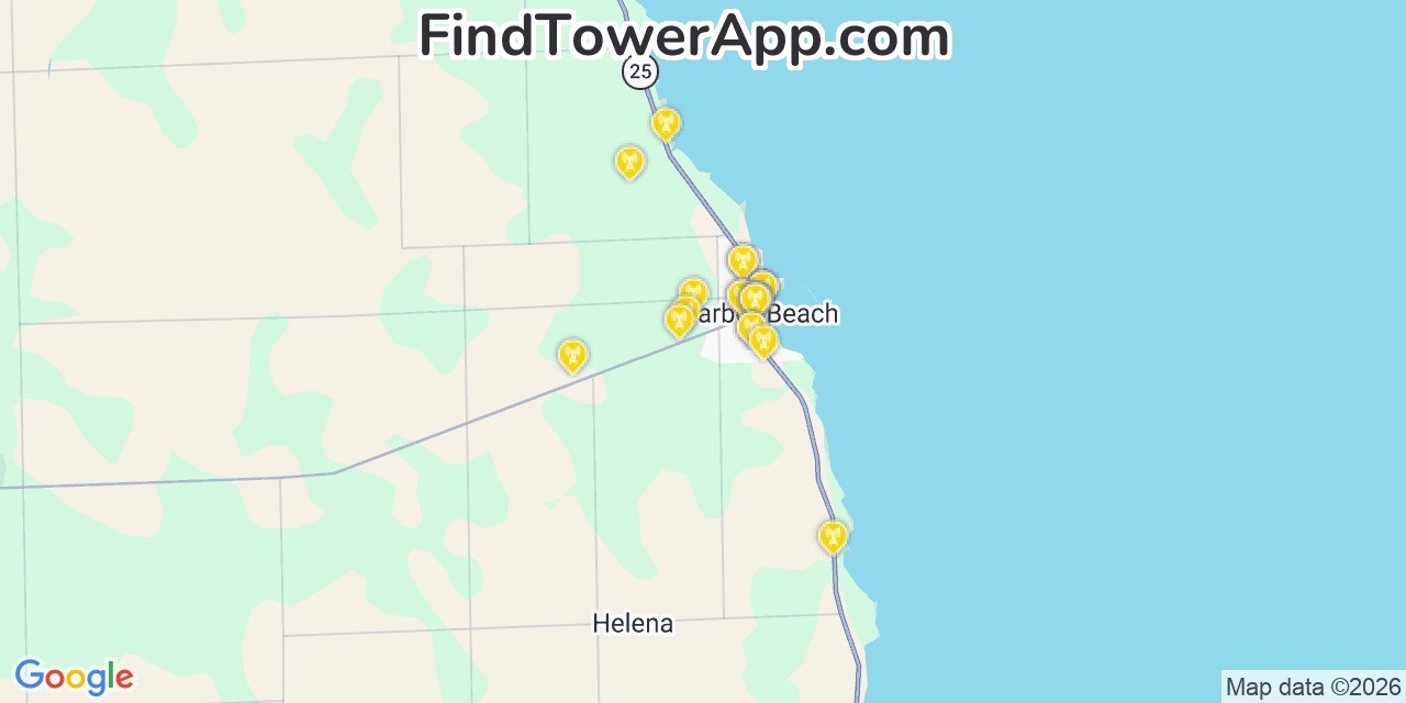 Map showing the 20 primary cell tower locations detected in Harbor Beach, Michigan from AT&T, Verizon, and T-Mobile networks