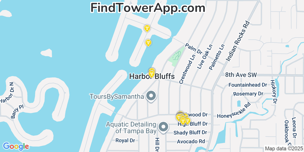 Map showing the 20 primary cell tower locations detected in Harbor Bluffs, Florida from AT&T, Verizon, and T-Mobile networks