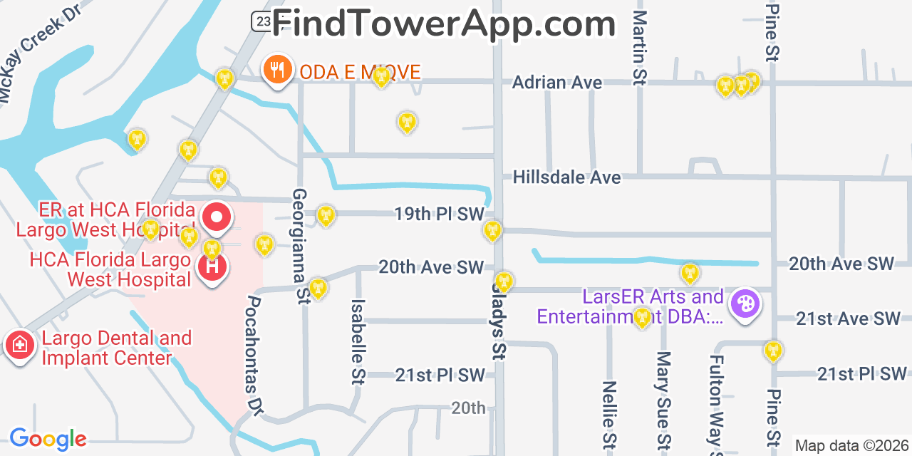 Map showing the 20 primary cell tower locations detected in Harbor Bluffs, Florida from AT&T, Verizon, and T-Mobile networks