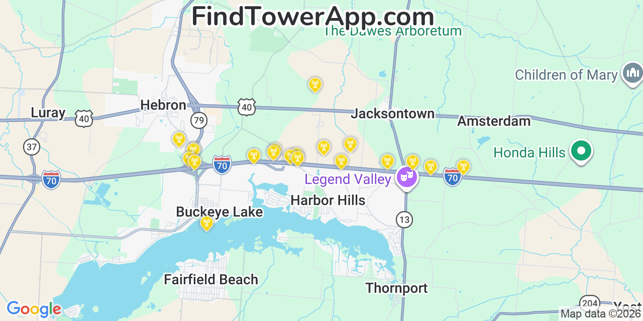 Map showing the 20 primary cell tower locations detected in Harbor Hills, Ohio from AT&T, Verizon, and T-Mobile networks