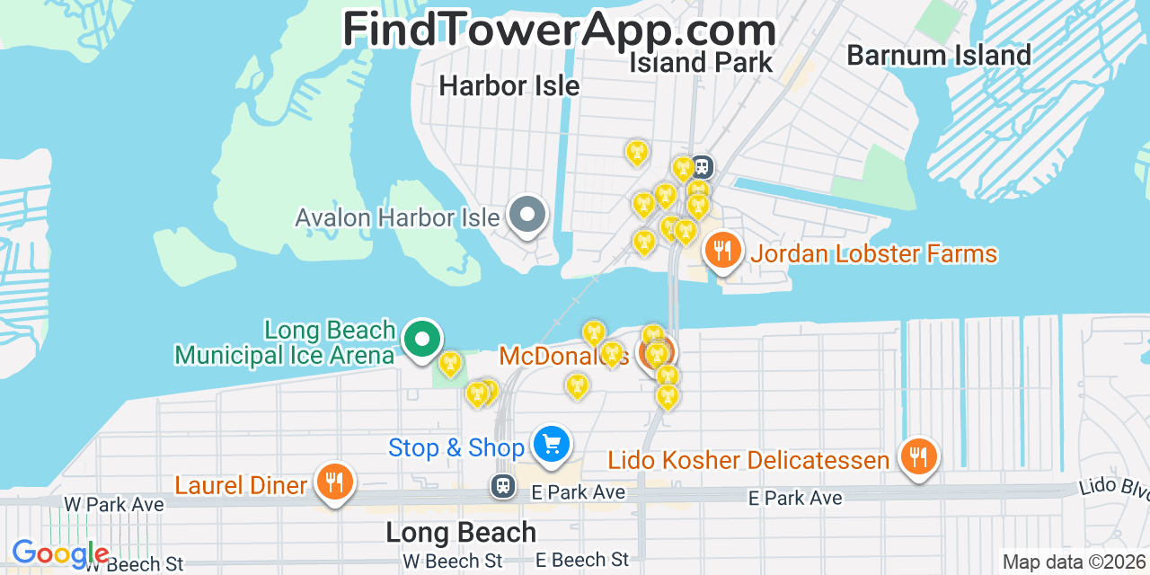 Map showing the 20 primary cell tower locations detected in Harbor Isle, New York from AT&T, Verizon, and T-Mobile networks