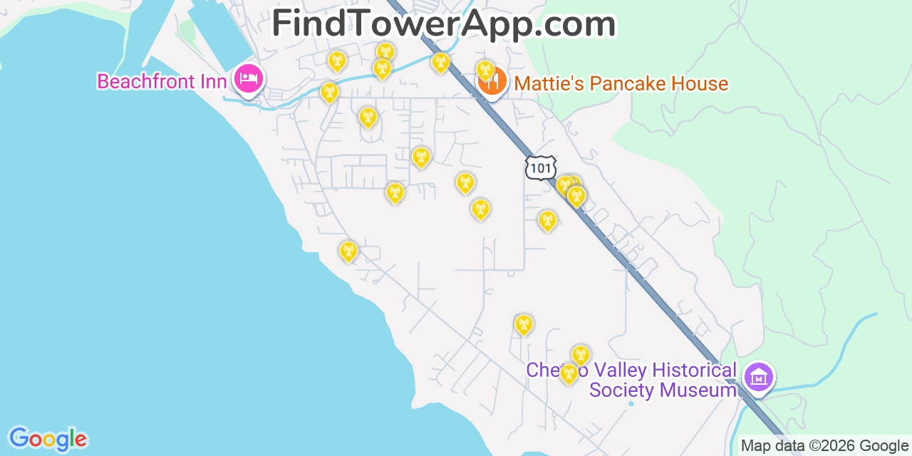 Map showing the 20 primary cell tower locations detected in Harbor, Oregon from AT&T, Verizon, and T-Mobile networks