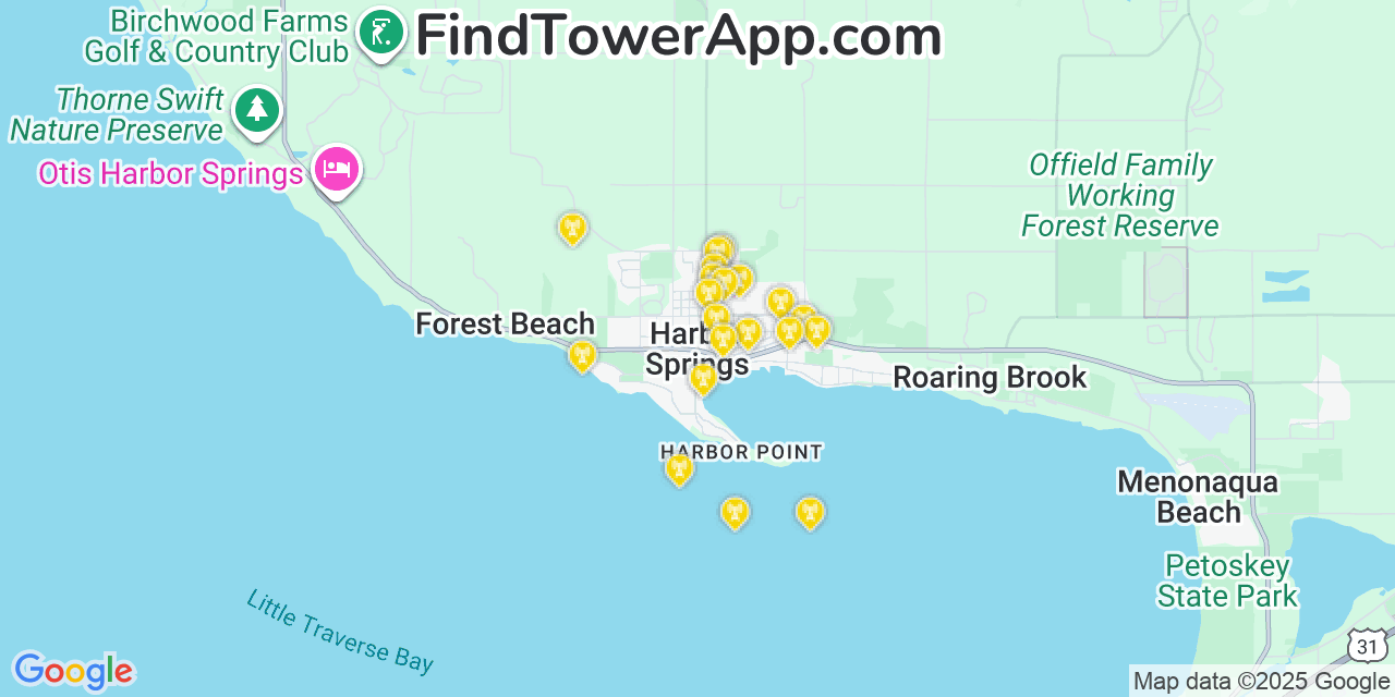 Map showing the 20 primary cell tower locations detected in Harbor Springs, Michigan from AT&T, Verizon, and T-Mobile networks
