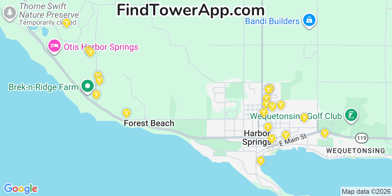 Map showing the 20 primary cell tower locations detected in Harbor Springs, Michigan from AT&T, Verizon, and T-Mobile networks