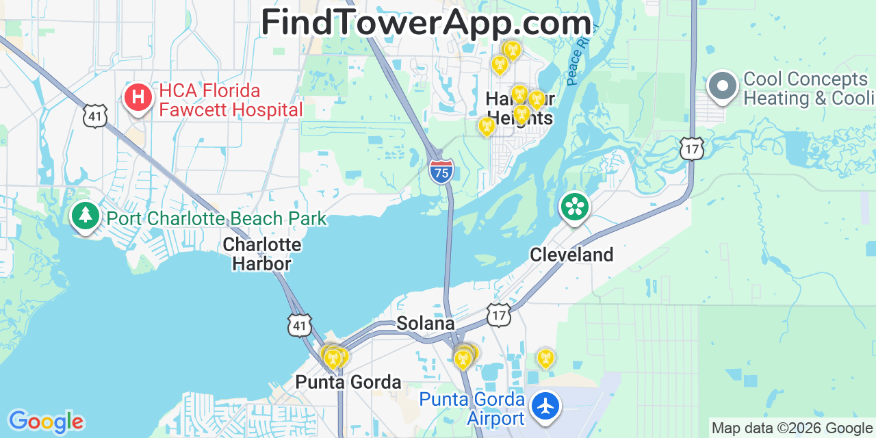 Map showing the 20 primary cell tower locations detected in Harbour Heights, Florida from AT&T, Verizon, and T-Mobile networks