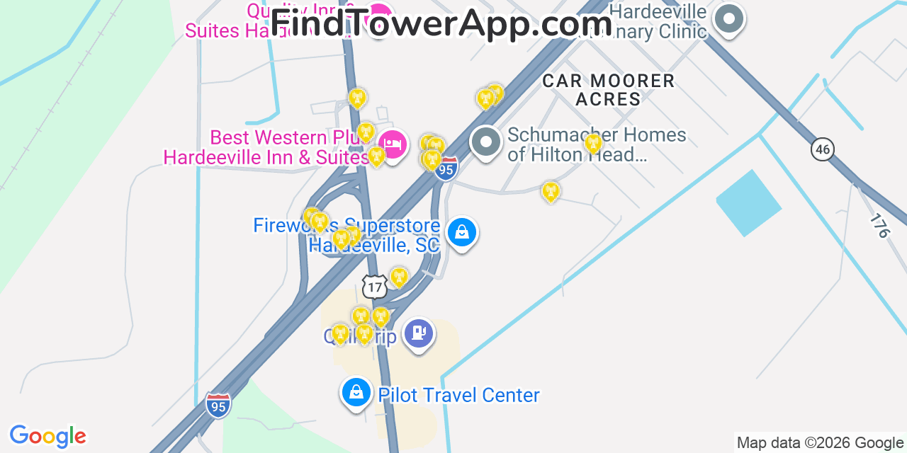 Map showing the 20 primary cell tower locations detected in Hardeeville, South Carolina from AT&T, Verizon, and T-Mobile networks