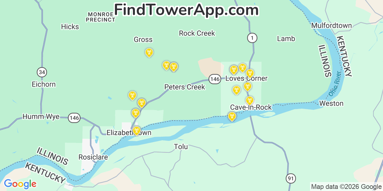 Map showing the 20 primary cell tower locations detected in Hardin, Illinois from AT&T, Verizon, and T-Mobile networks