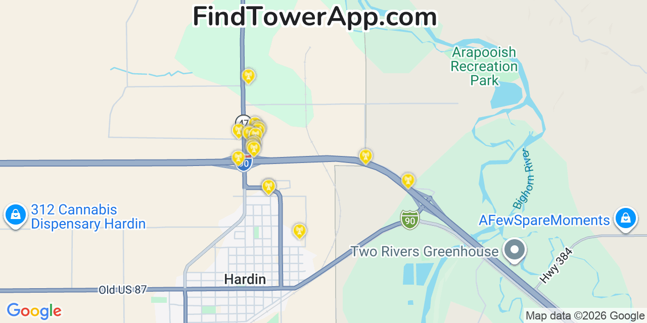 Map showing the 20 primary cell tower locations detected in Hardin, Montana from AT&T, Verizon, and T-Mobile networks