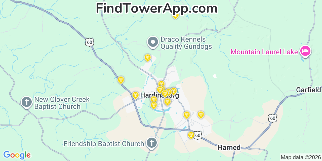 Map showing the 20 primary cell tower locations detected in Hardinsburg, Kentucky from AT&T, Verizon, and T-Mobile networks