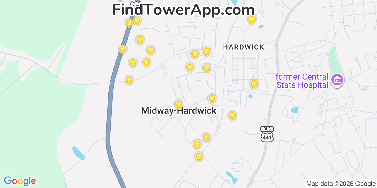 Map showing the 20 primary cell tower locations detected in Hardwick, Georgia from AT&T, Verizon, and T-Mobile networks