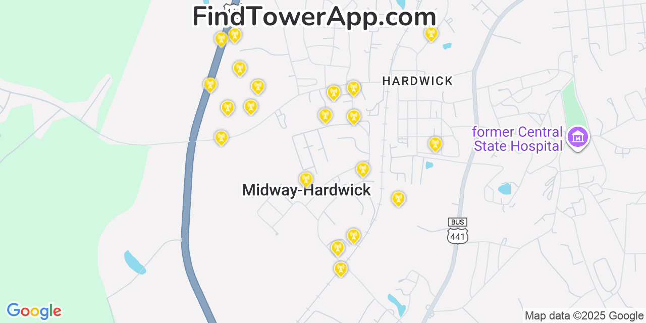 Map showing the 20 primary Mobitel cell tower locations detected in Hardwick, Georgia with coverage radius and signal strength indicators